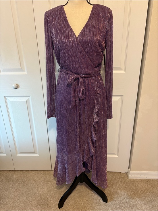 Kensie Dresses & Skirts - NWT Kensie Metallic Purple Long Sleeve Faux Wrap Midi Dress Size 10.